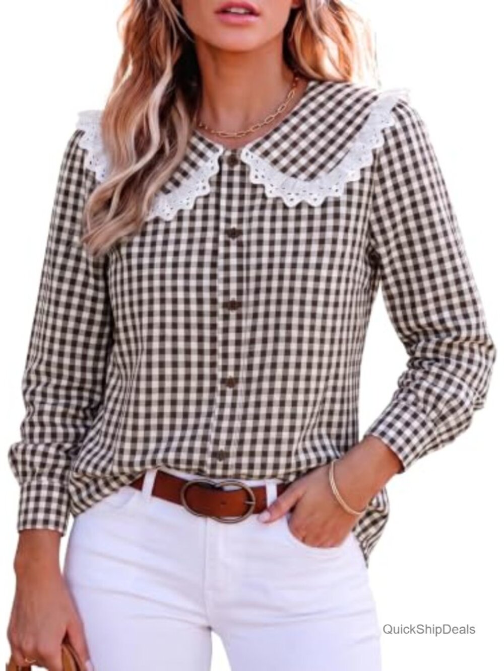 Gingham Button Down Shirt Lace Peter Pan Collar Puff Sleeve Blouse